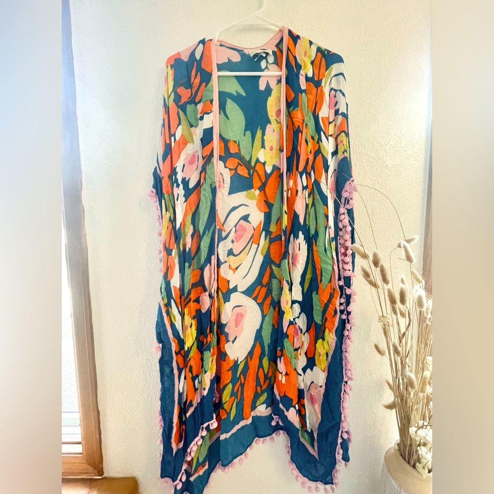 Brilliant Tropical Beach Cover Up with Pom Poms in Blue/Orange